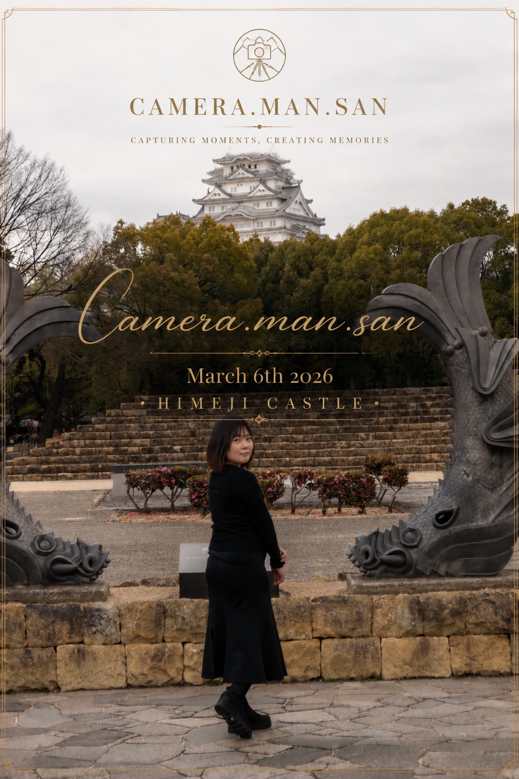 Outdoor portrait in a black outfit with Himeji Castle in the background