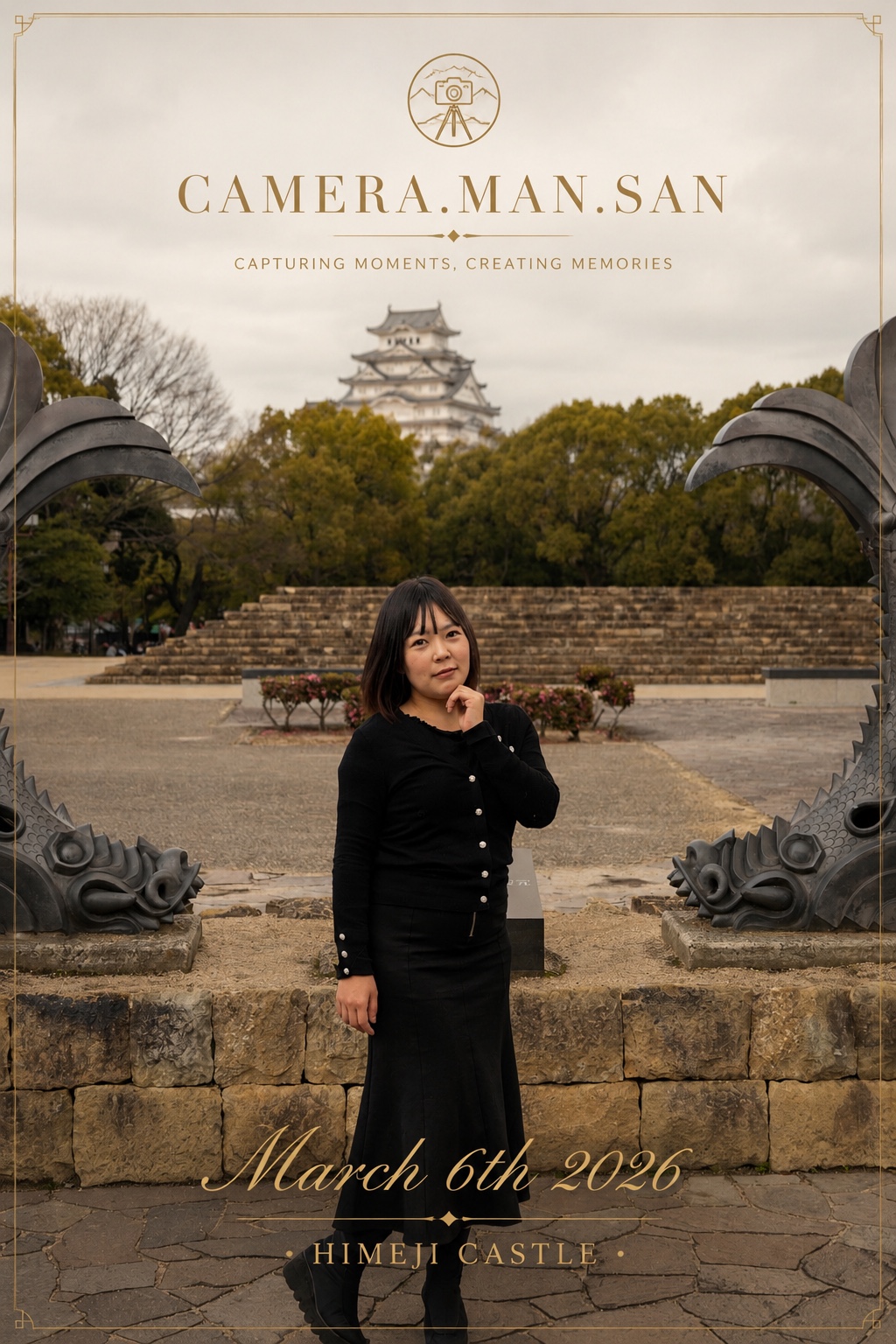 Portrait standing between decorative roof sculptures at Himeji Castle