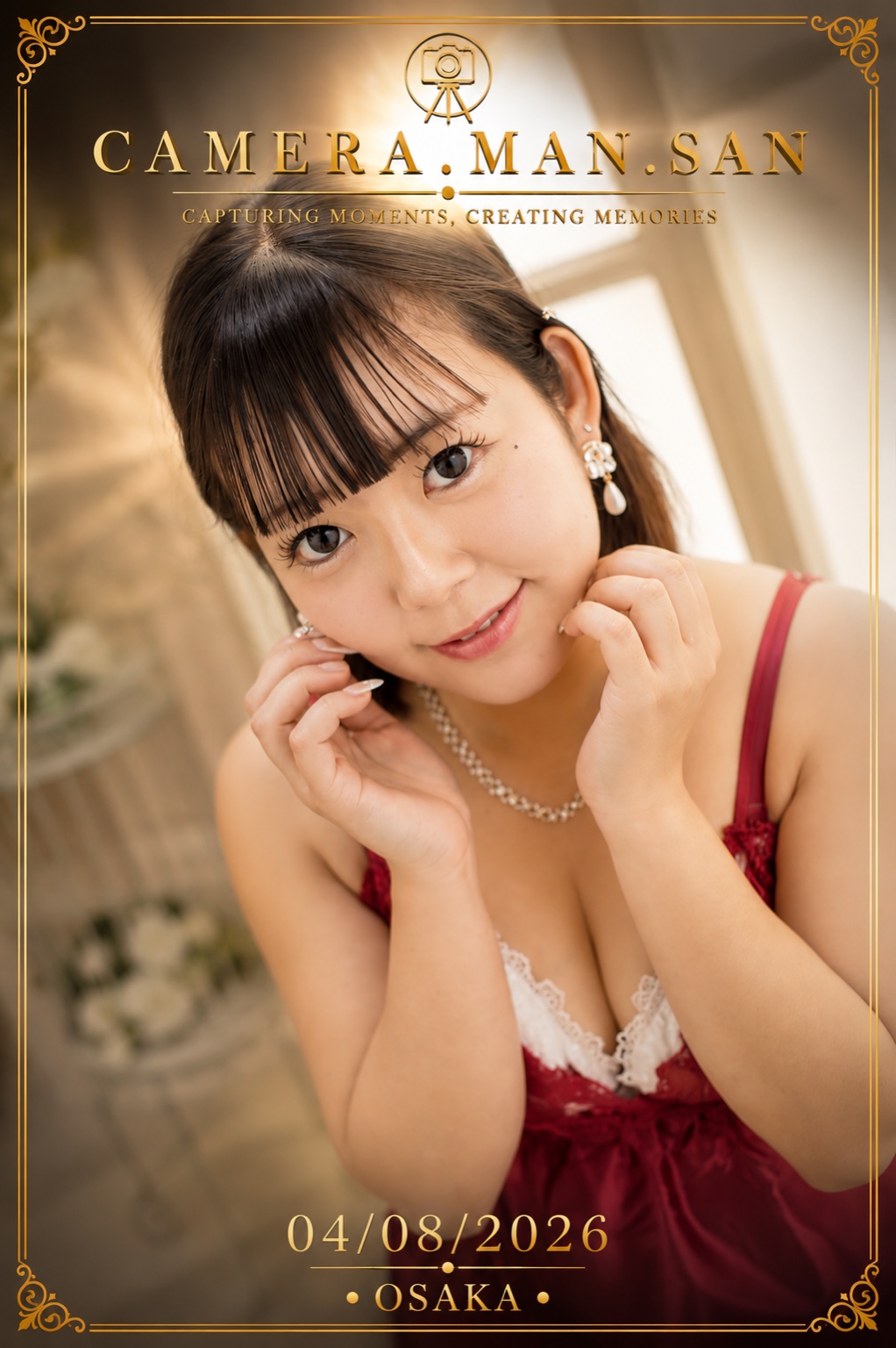 Close-up studio portrait in a red lace outfit