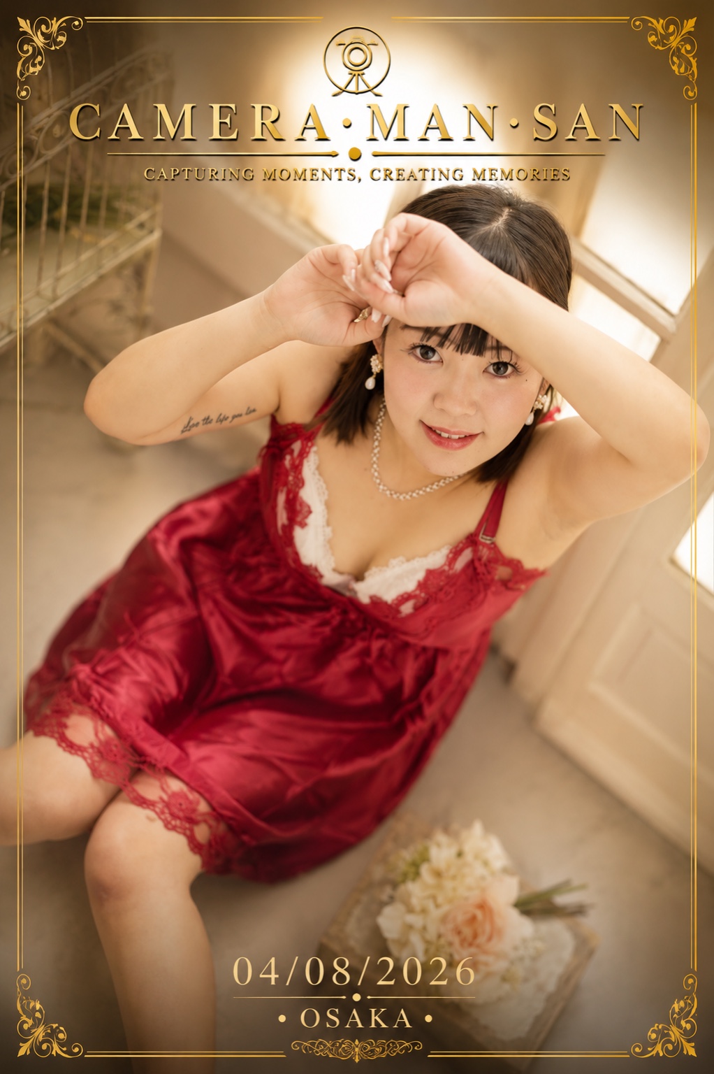Studio portrait reclining in a red lace outfit